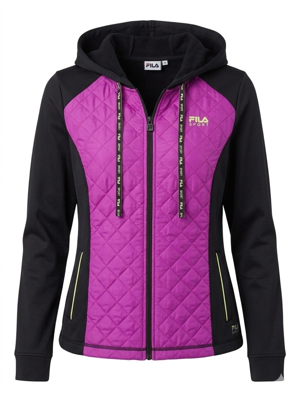 Fila Women's Quilted Hot Pink and Black Puffer Jacket with Embroidered Logo
